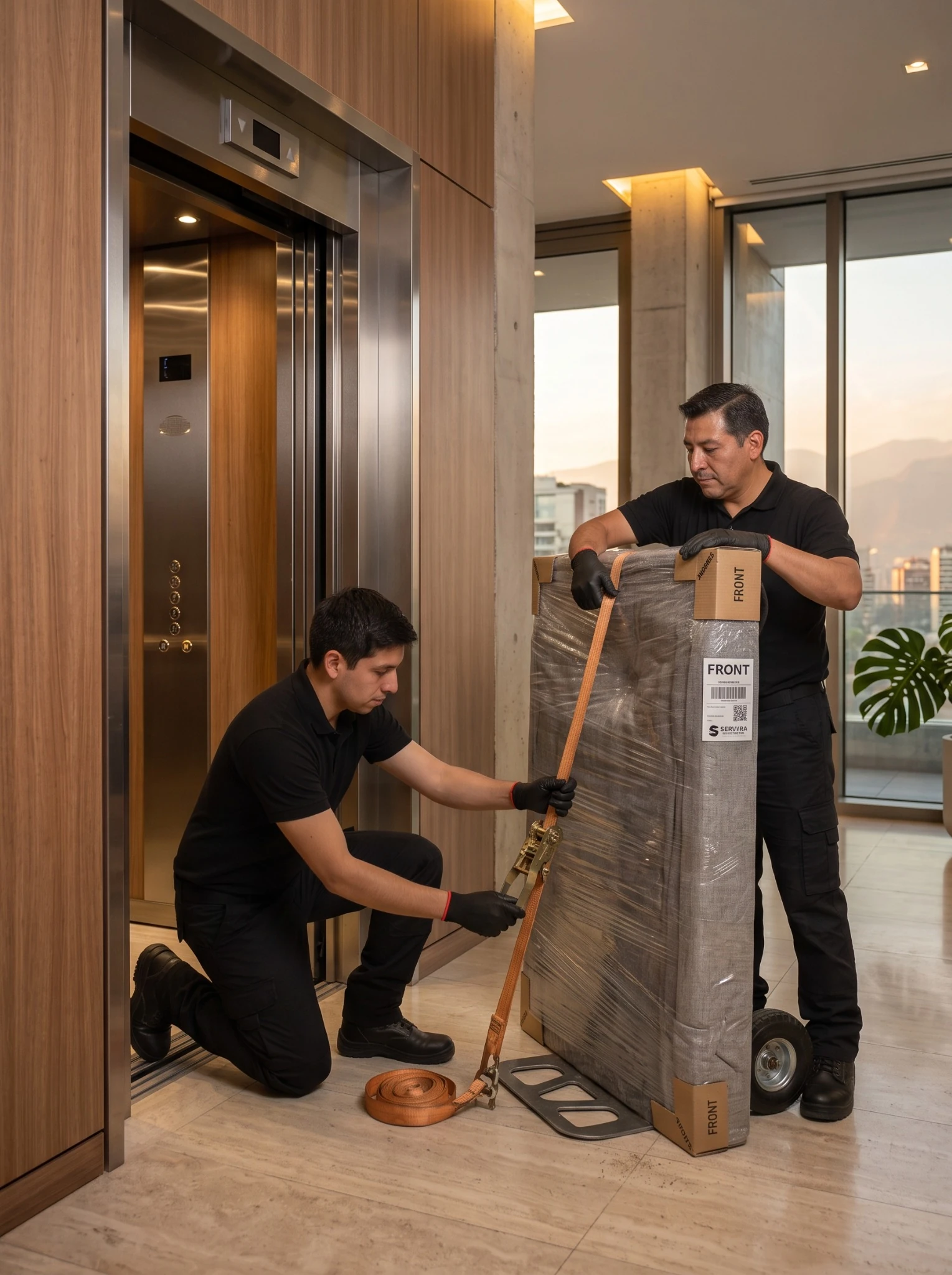 Equipo WenFlete asegurando una cubierta de mesa protegida junto al ascensor