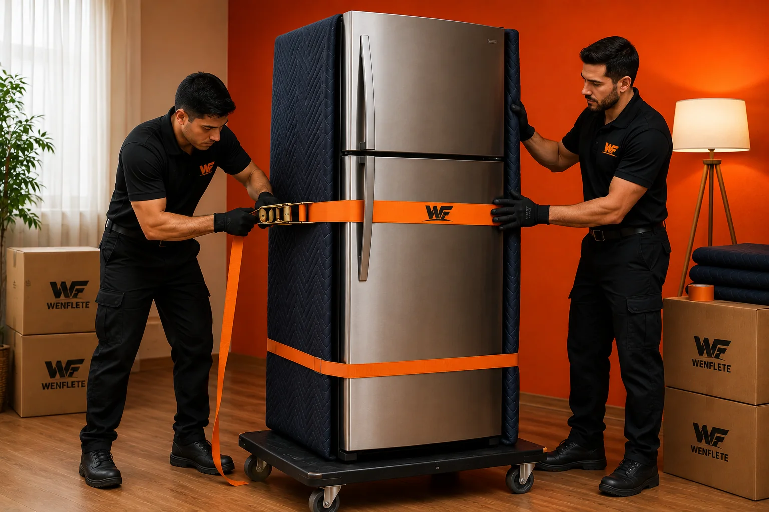 Equipo WenFlete asegurando un refrigerador protegido para su retiro en Santiago