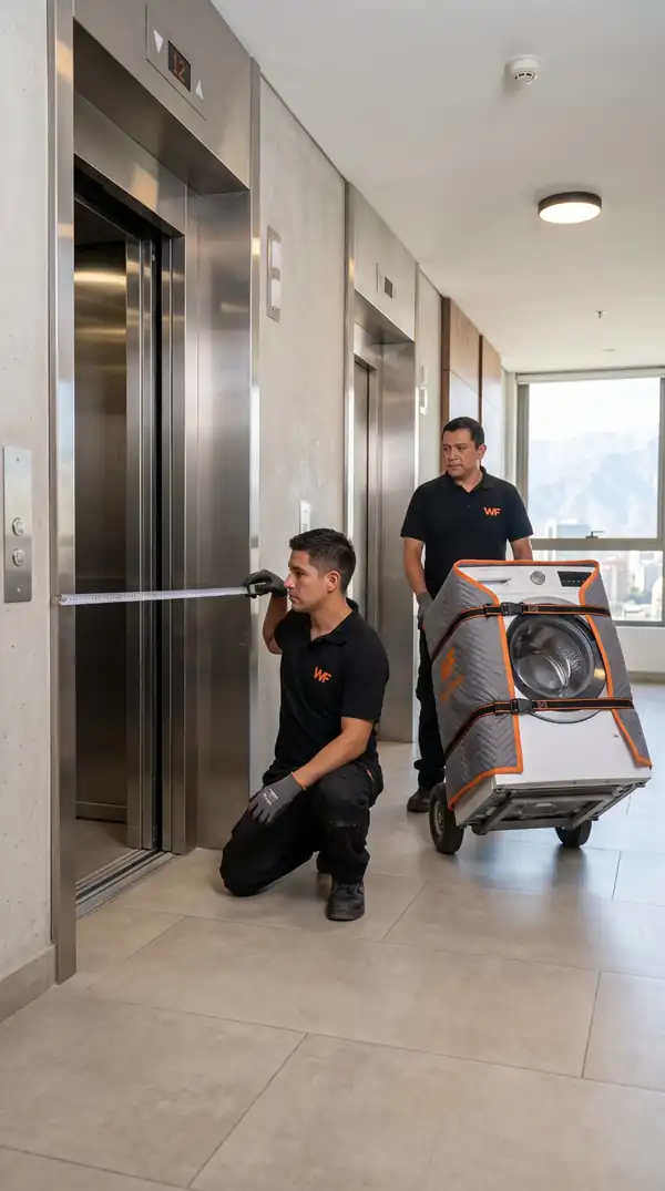 Equipo WenFlete revisando el acceso de ascensor antes de trasladar una lavadora