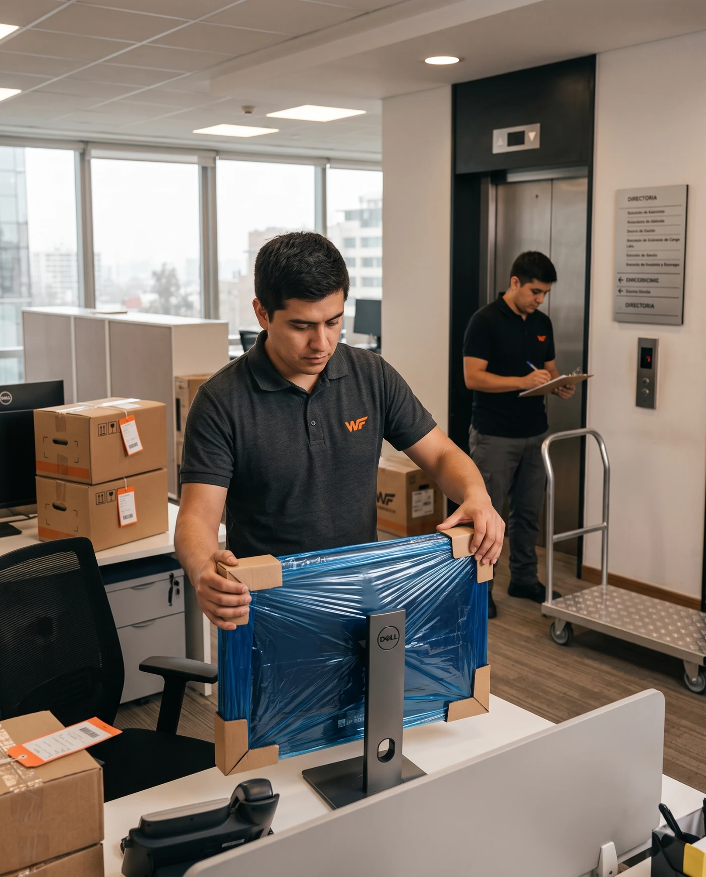 Equipo WenFlete protegiendo y coordinando equipos de oficina para un traslado corporativo en Santiago.